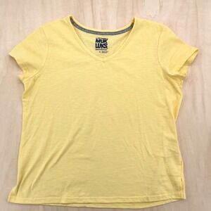 Muk Luks V-Neck Tee Women PL Yellow Slub Knit Short Sleeve Casual Basic Petite